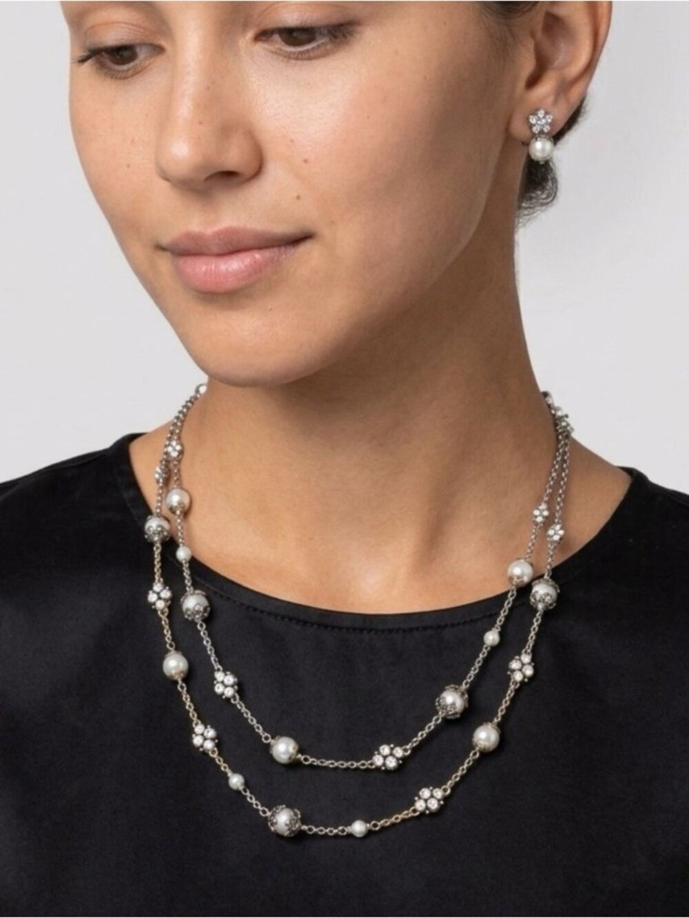 Brighton "Atma" Station Necklace Crystal Faux Pearl Layered Double Strand Silver